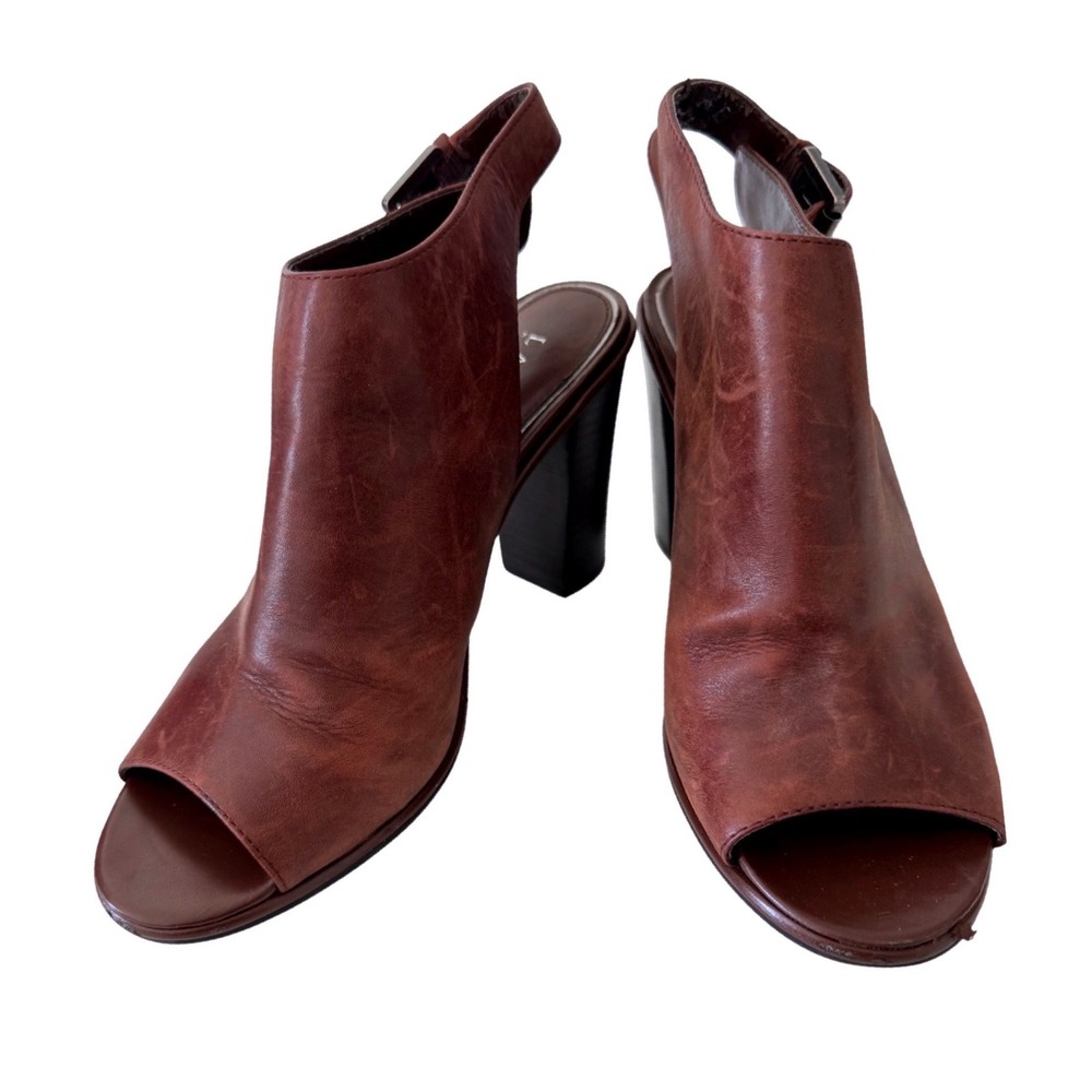 Lauren Ralph Lauren Odessa Leather Peep Toe Slingback Block Heel Brown 8B